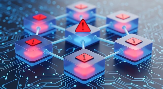 Central ai processor module with red warning exclamation mark connected to peripheral data nodes on a glowing digital circuit board background