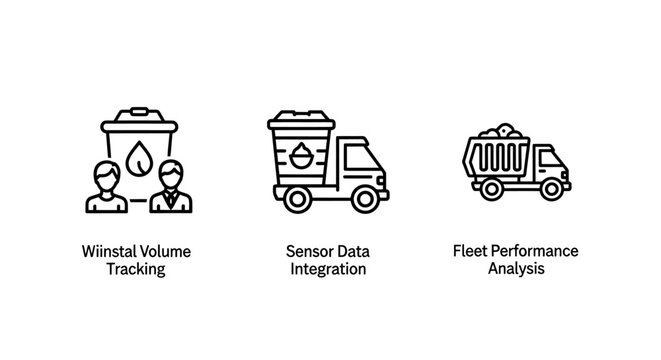 Waste volume tracking sensor integration and fleet performance icons supply chain tracking tools tracking integration performance analysis management logistics environmental transport