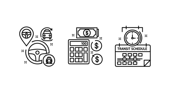 Transportation logistics icons showing steering wheel route planning cost calculation and transit schedule with transport schedule calculation steering planning navigation logistics calculator