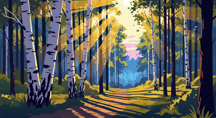 Fototapeta premium Sunlight streaming through birch trees in a vibrant forest vector illustration, a serene nature woodland path landscape design