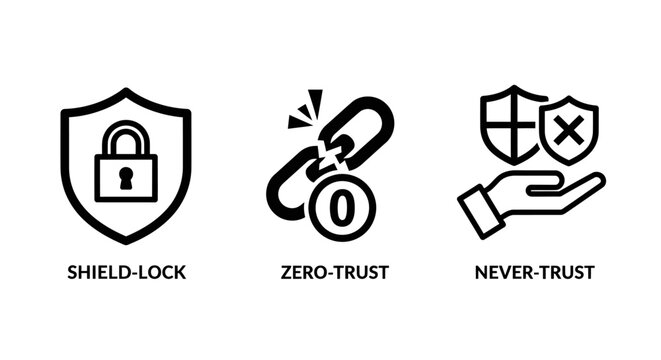 Set of cybersecurity icons representing shield lock zero trust and never trust security concepts with cybersecurity security protection encryption information computing technology identity
