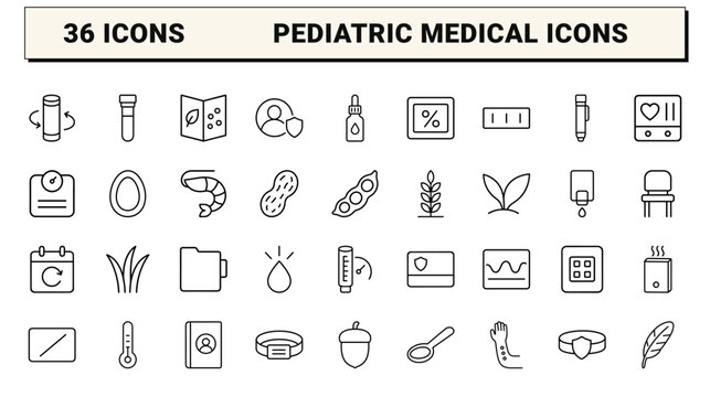 Pediatric allergy care line icon set. Vector pictograms of clinical diagnosis, allergen testing, medical treatment, and patient management elements, thin linear illustration.