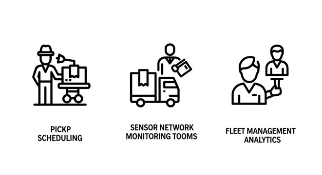 Logistics pickup scheduling and fleet management analytics dashboard icons with logistics scheduling management analytics monitoring business transportation delivery shipping software