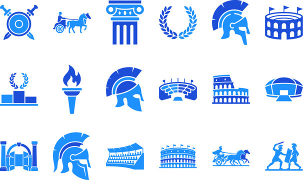 Ancient Roman and Greek icons featuring coliseum chariot gladiator helmet stadium and column on white background.