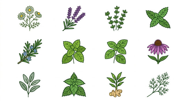 Collection of Various Herbs and Plants Illustration.