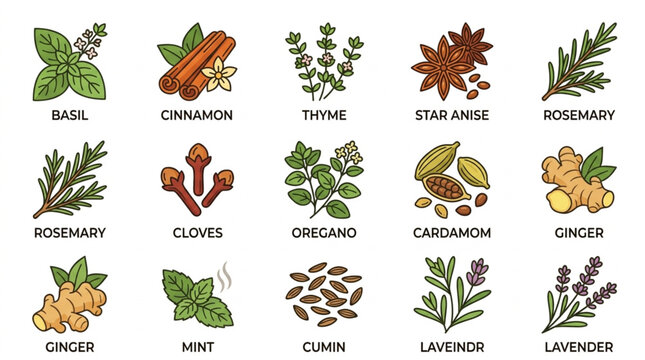 Collection of Various Herbs and Spices Illustrated.
