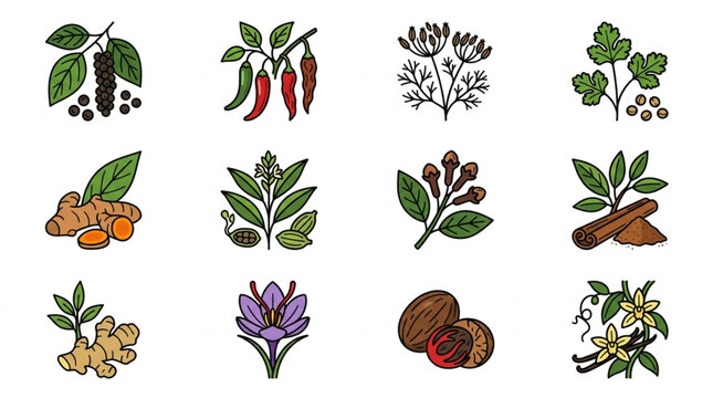 Collection of Various Herbs and Spices Illustrated.