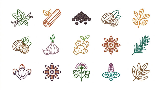 Collection of Various Herbs and Spices Illustrated in a Simple Line Art Style.
