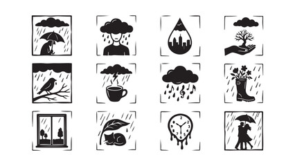Fototapeta premium Hand Drawn Melancholy and Rainy Day Icon Set in Frames