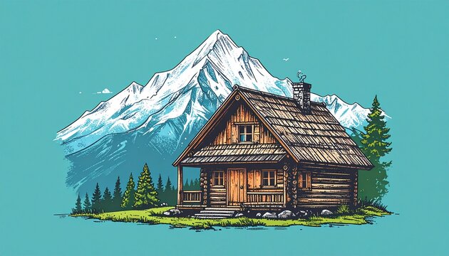 Snow-covered log cabin lodge in winter forest.