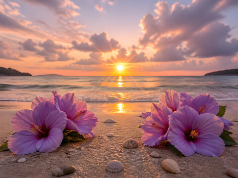 Light purple hibiscus flowers and seashells on a sandy beach at ocean sunset.