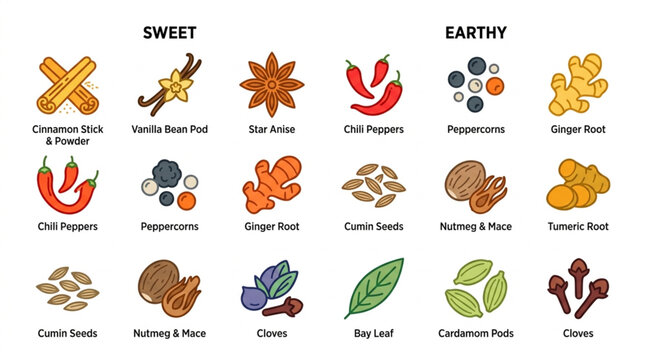 Collection of Various Spices and Herbs for Cooking.
