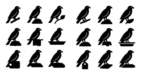 Obraz premium Bold bird icon pack featuring raven, branch, rock and tag elements