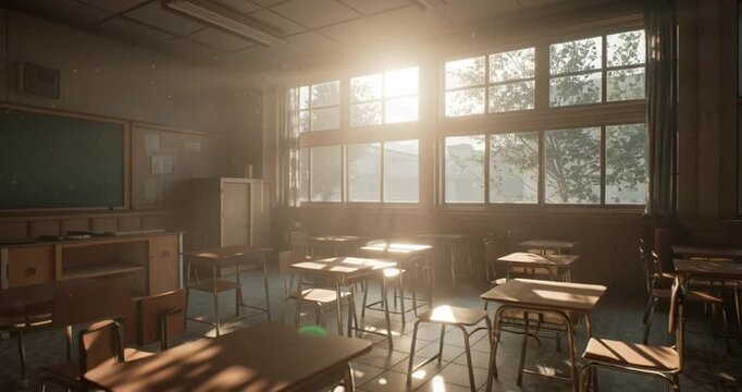Bright sunlight streaming through windows, casting moving shadows across desks in an empty classroom. The scene depicts a serene educational setting