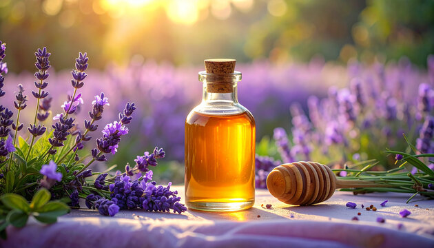 Essential oil bottle with lavender flowers and wooden honey dipper