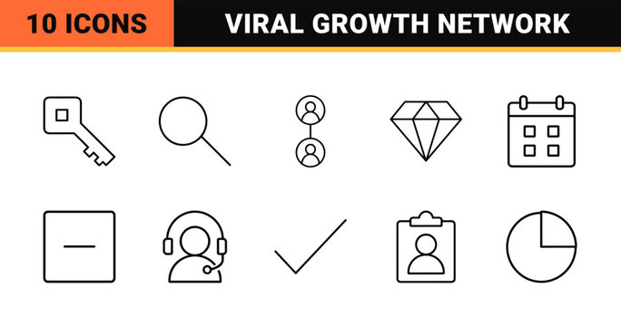 Digital referral network line icon set. Vector pictograms of marketing, viral growth, loyalty programs, and affiliate elements, thin linear illustration.