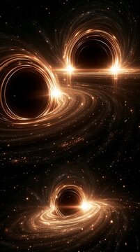 Binary black holes bending star fields, gravitational lensing forming surreal light circles, blending scientific realism with breathtaking cosmic beauty, cinematic and awe-inspiring.