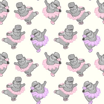 Cute hippo ballerina dancing seamless pattern background