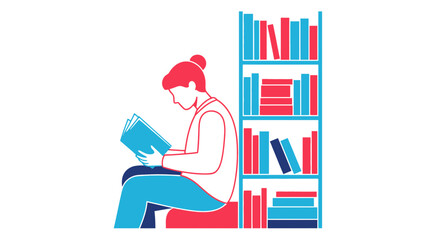 Woman Reading Book Next to Bookshelf with Colorful Books © DSetiya