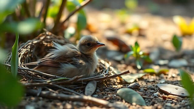 fledgling. A fledgling bird with ruffled feathers on the ground near its nest. wildlife magazines, conservation campaigns, designed for eco-tourism storytelling, used by event planners.