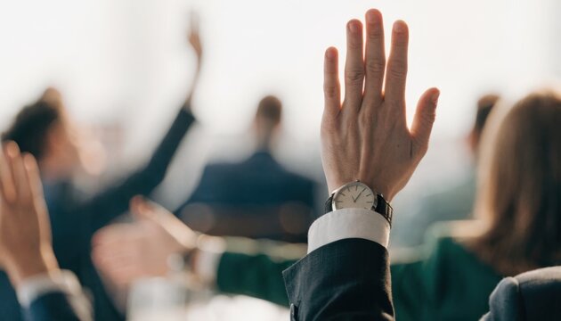 Raised hands in a business meeting or conference, indicating participation or voting, with blurred attendees in the background.
