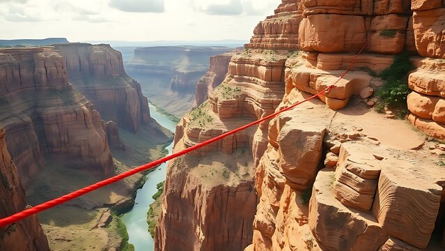 elastic. Edge of a canyon bridge with a single red elastic cord descending. mobility guides, transit brochures, designed for transport & logistics marketing and mobility and urban transit guides.