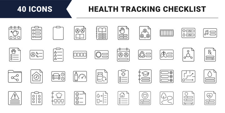 Caregiver task list line icon set. Vector pictograms of patient care, medication schedule, health tracking, and elder assistance elements, thin linear illustration.