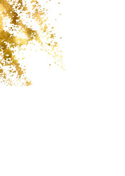 Gold foil frame abstract grunge background. Watercolor brush stroke gold. Golden pieces flake. Old gold texture. Gold sparkles and glowing trail,corner, border, edging, nook. PNG Gold splatter glitter