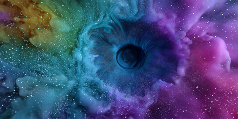 An alien and a human eye merge into a cosmic galaxy filled with stars, planets, and blue nebula light © MONORA