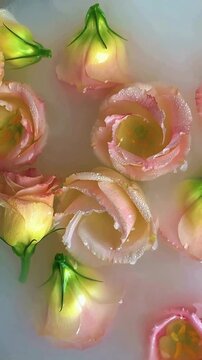 Delicate pink and yellow eustoma flowers with fresh dewdrops floating gracefully in a soothing milky white bath.