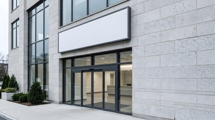 Fototapeta premium Blank Storefront Signboard Above Entrance on Contemporary Office Building Facade
