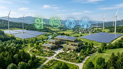 Fototapeta premium Sustainable eco-friendly corporate campus with solar panels and wind turbines