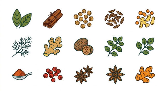 Collection of various spices and herbs in a flat design illustration.