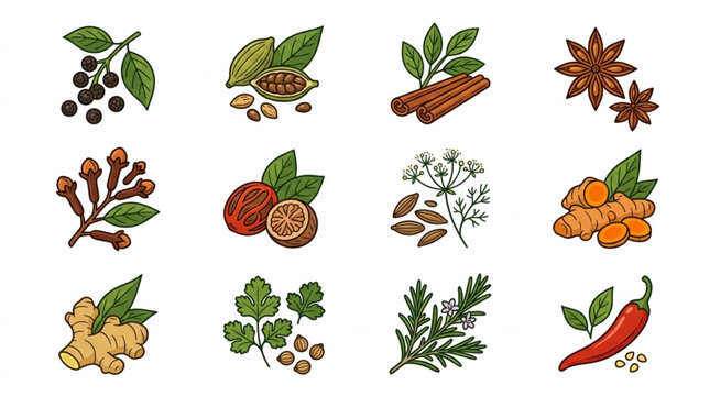 Collection of various spices and herbs in a colorful illustration.