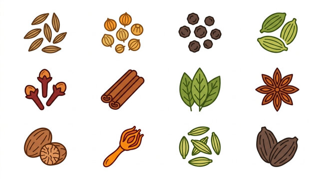 Collection of various spices and herbs in a flat design illustration.