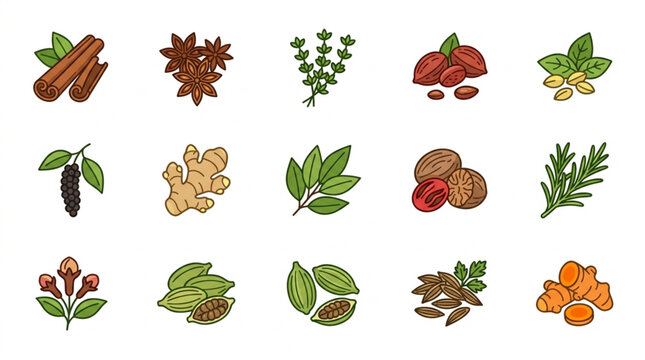 Collection of various spices and herbs in a flat illustration style.