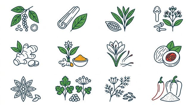 Collection of various spices and herbs in a grid format.