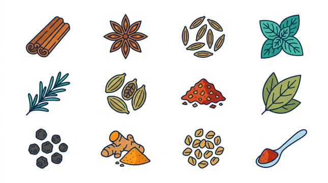 Collection of various spices and herbs in a grid layout.