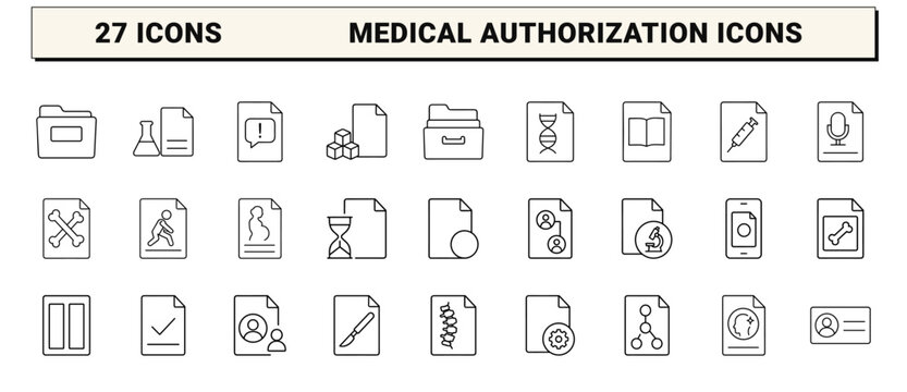 Patient consent form line icon set. Vector pictograms of medical documentation, clinical authorization, healthcare compliance, and patient privacy elements, thin linear illustration.