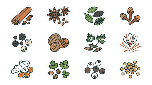 Collection of various spices and herbs in a grid layout.
