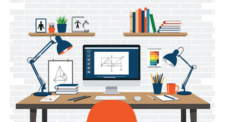 Organized home office workspace with a computer monitor, desk accessories, lamps, and bookshelves against a white brick wall. © MD