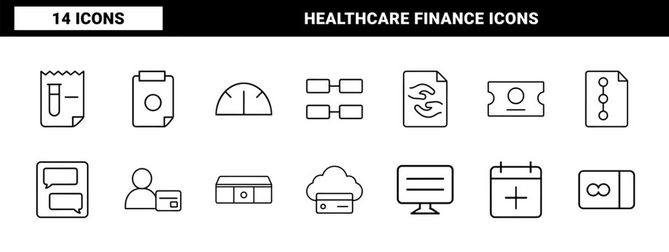 Medical billing line icon set. Vector pictograms of healthcare finance, insurance claims, patient checkout, and payment processing elements, thin linear illustration.