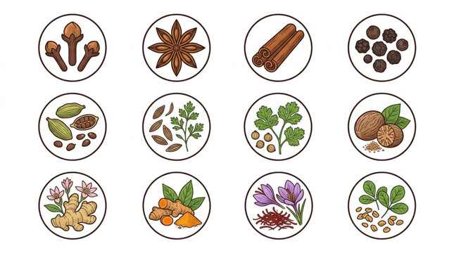 Collection of various spices and herbs in circular frames.