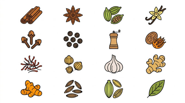 Collection of various spices and herbs in illustration style.
