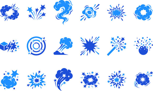 Collection of blue explosion and burst icons showing energy impact and dynamic motion vector graphics.