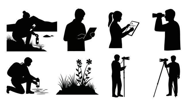 Analysts collect data with black silhouettes outdoors using various tools and equipment