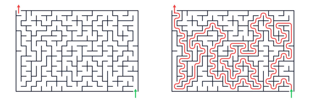 Maze puzzle with solved path and unsolved maze on white background  