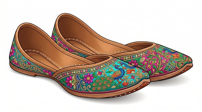 Traditional Indian Mojari footwear with peacock embroidery, ethnic Punjabi Jutti shoes for weddings, handcrafted floral leather flats on white background