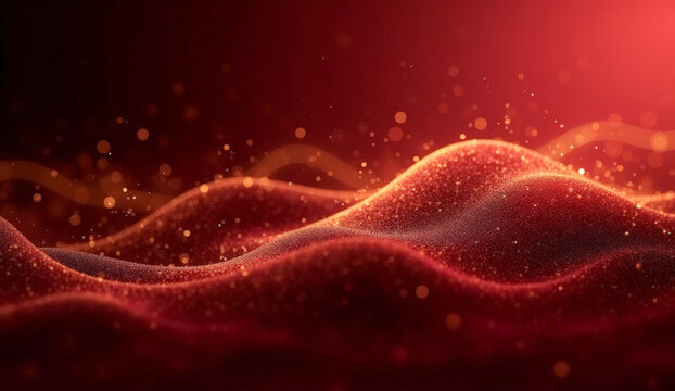 yellow glowing transparent wavy lines on a red background blurred sparkles, abstract background