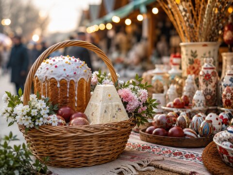 Russischer Osterkorb mit Kulich, Paskha, roten Eiern und Blumen auf einem Marktstand